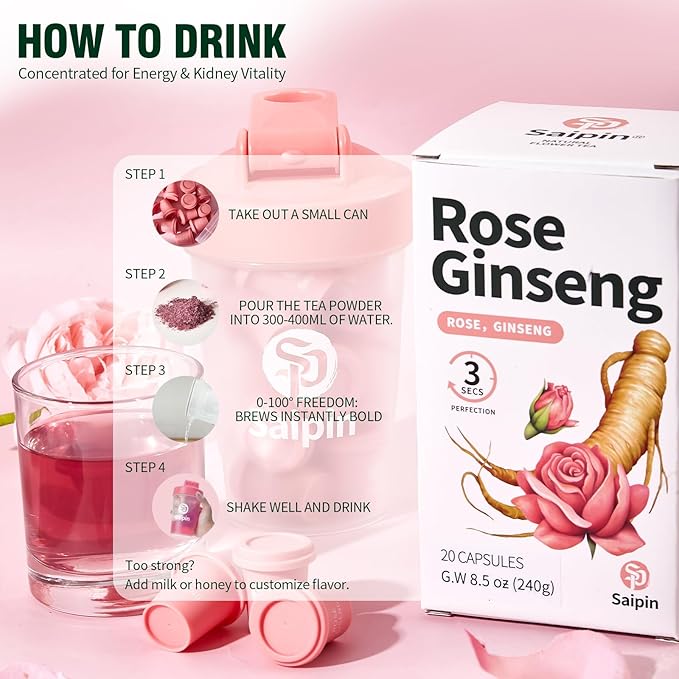 SAIPIN Ginseng Rose Tea with Shaker Bottle– Instant Herbal Kidney Tea for Energy & Beauty | 20 Pack Organic Adaptogen Rose Ginseng for Women & Men | Caffeine-Free, Sugar-Free | Detox - Bloomnest