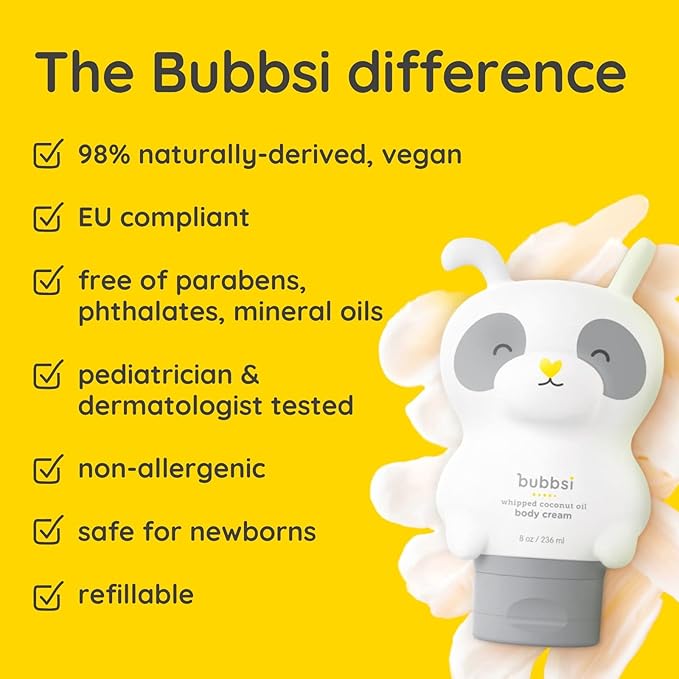 Bubbsi Whipped Coconut Oil Baby Lotion for Eczema, Dry Skin, Baby Acne, KP | Organic Coconut Oil, Shea Butter, Vitamin E | Light, Natural Scent | EU Compliant, Vegan (Refillable, 8oz) - Bloomnest