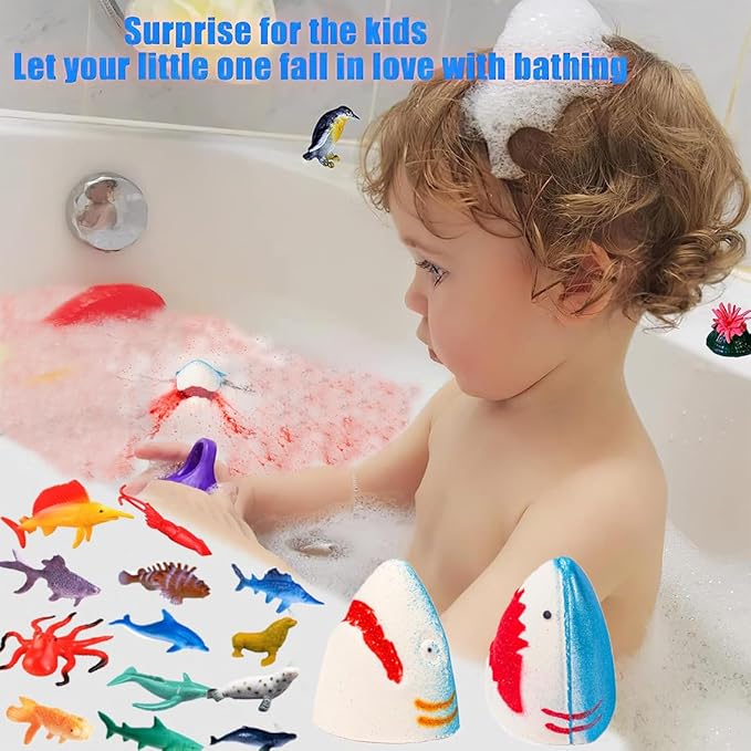 Kids Bath Bombs with Surprise Inside,4 Pack Marine Shark Bath Bomb for with Ocean Sea Animals for Girls Boys Toddlers, Safe Natural & Organic - Bloomnest