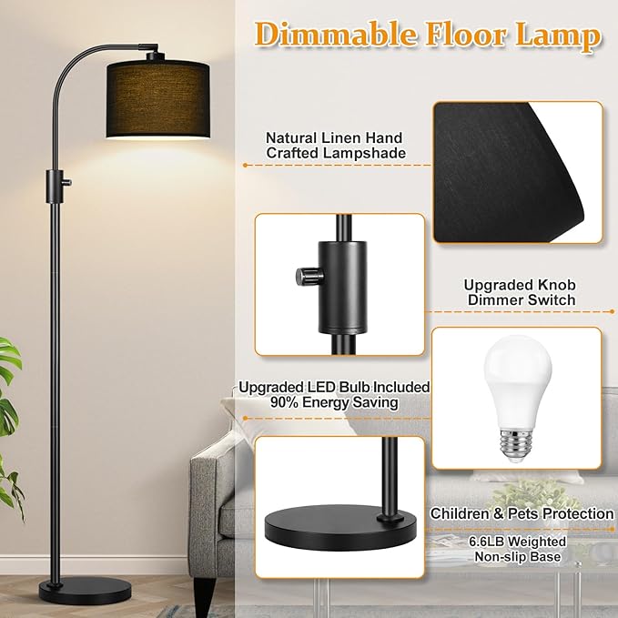 【Upgraded】 Dimmable Black Floor Lamp, 1200 Lumens LED Bulb Included, Arc Floor Lamps for Living Room Modern Standing Lamp with Black Shade, Tall Lamp for Living Room Bedroom Office Reading Room Office - Bloomnest