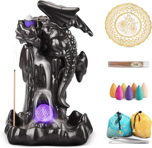 Dragon Backflow Incense Holder Waterfall Incense Burner, Smoke Incense Holder,with 70 Backflow Incense Cones+50 Incense Stick,1 Mat,1 Tweezers Ornament Home Decor（Black Brown） - Bloomnest