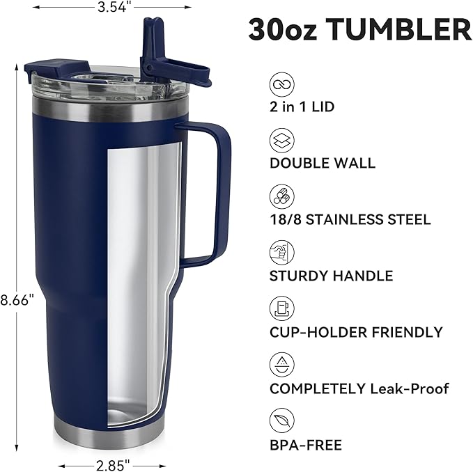 HASLE OUTFITTERS 30oz Tumbler Bulk with Handle, Insulated Travel Coffee Mug Set with Handle Leak-Proof Double Wall Stainless Steel Vacuum Tumblers Pack Metal Cup for Hot and Cold Drink - Bloomnest