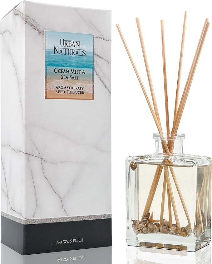Urban Naturals Ocean Mist & Sea Salt Reed Diffuser Set – Made with Essential Oils & Real Botanicals – Sleek Rectangular Refillable Glass Bottle – Made in the USA UrbanNaturals