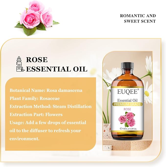 EUQEE Rose Essential Oil 118mL Large Capacity Rose Oil Premium Essential Oil with Glass Dropper for Diffuser, Soap & Candle Making, Aromatherapy - 4Fl. Oz - Bloomnest