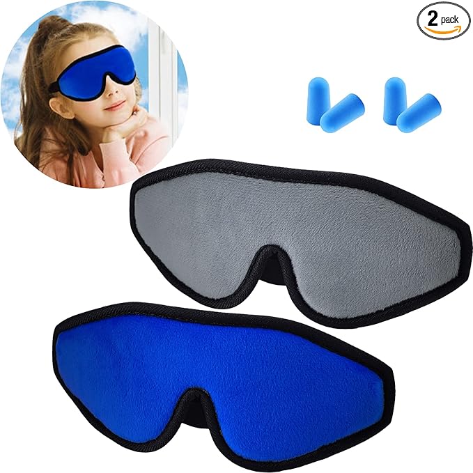 2 Pieces 3D Sleep Mask for Kids Memory Foam Contoured Eye Mask, Travel Sleep Eye Cover with Adjustable Strap, 3D Blindfolds(Blue and Gray) - Bloomnest