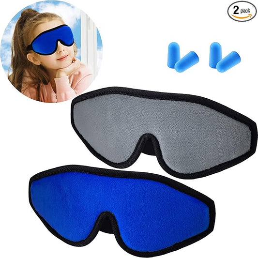 2 Pieces 3D Sleep Mask for Kids Memory Foam Contoured Eye Mask, Travel Sleep Eye Cover with Adjustable Strap, 3D Blindfolds(Blue and Gray) - Bloomnest