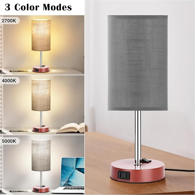 ZJOJO Table Lamp for Bedroom Set of 2, Bedside Small Lamps with 3 Way Dimmable Rocker Switch and AC Outlet, Nightstand Desk Lamp with Gray Fabric Shade Brown Base for Living Room Home Decor Lights - Bloomnest