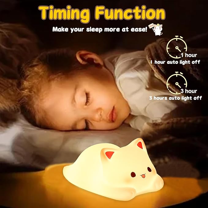Tremdwoto Cat Night Light for Kids,Cute Colorful Night Light Baby Girl Squishy Night Lights Lamp 1/3 Hour Timer Kitty Light Dimmable Nursery Lamp Nightlight,Kids Room Decor，Gifts for Girls and Boys - Bloomnest