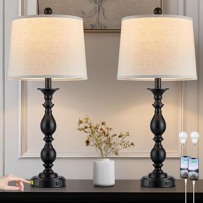 28" Tall Modern Table Lamps Set of 2 with USB C+A Ports and AC Outlet, 3 Way Touch Metal Bedside Lamps for Living Room, Black Farmhouse Nightstand Lamps for Bedroom - Bloomnest