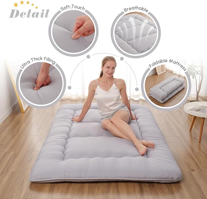 Japanese Floor Mattress, Futon Mattress with Storage Bag and Washable Cover, Roll Up Tatami Mat Suitable for Guest Room, Grey, Queen - Bloomnest
