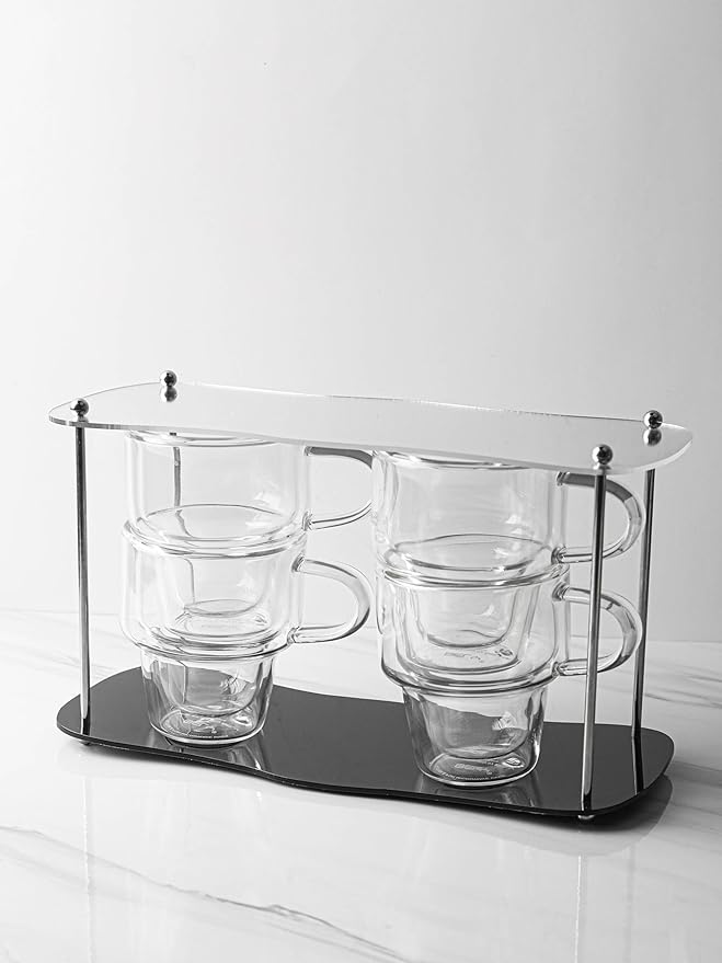 NIRA.Z 4 Pack Double Wall Glass Coffee Mugs 10 OZ Insulated Espresso Cups with Handle, Stackable Thermal Glass Coffee Cups, Ideal for Hot & Cold Drinks, Juice, Americano, Latte, Tea Bags, Cappuccinos - Bloomnest