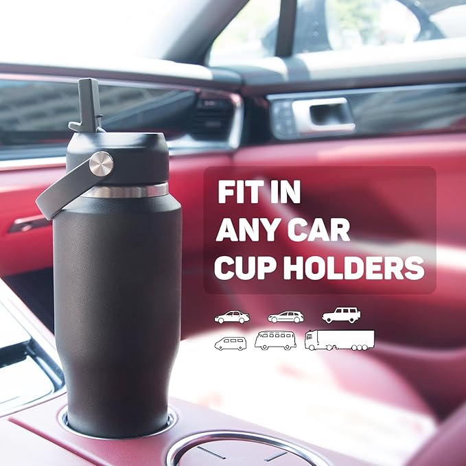 32oz Black Water Bottle Stainless Steel, Keep Cold 24H&Hot 12H, Water Bottle with Straw&Spout Lids, Insulated Water Bottle Double Wall Vacuum, Fit in Any Car Cup Holder, Leak-proof BPA Free - Bloomnest