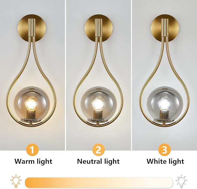 KCO Lighting Modern Vintage Gold Teardrop Wall Sconce Farmhouse Globe Wall Light Fixture Cordless Sconces Wall Lighting for Stairwell Bathroom Bedroom (Gold + Smoke Grey) - Bloomnest