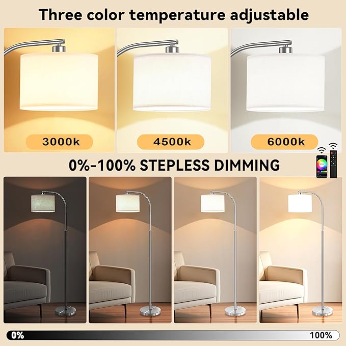 Floor Lamp for Living Room with Remote,Dimmable Standing Lamps,Modern Tall Floor Light with Smart RGB Bulb,App Control,3 Color Temperatures,Fabric Shades,Silver Floor Lamp for Bedroom Corner - Bloomnest