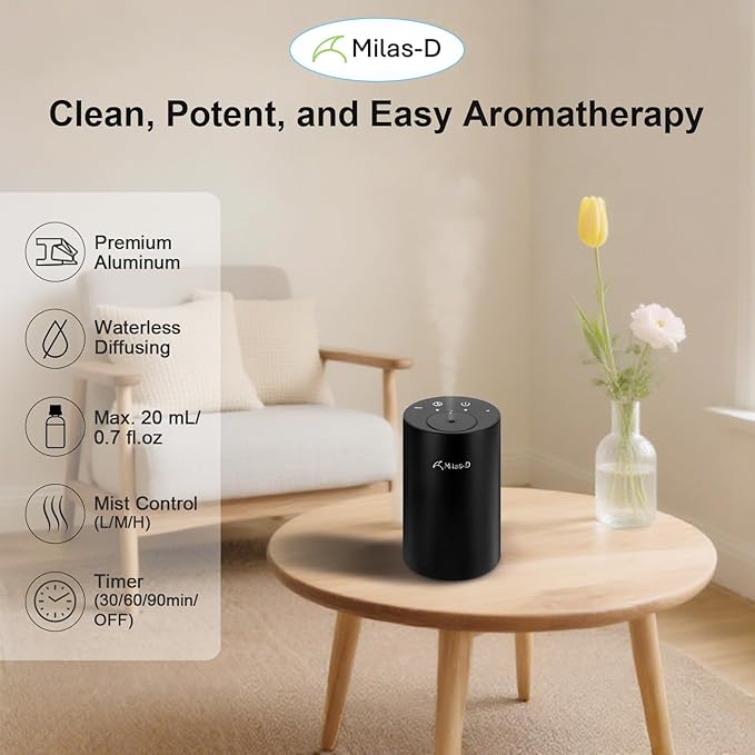 Waterless Essential Oil Diffuser, Battery Operated Nebulizer with 3-Timers & 3 Mist Levels, 0.7 fl.oz./20ml, Mini Scent Air Machine, Home Car Office Studio, Portable & Rechargeable, Milas-D, Black - Bloomnest
