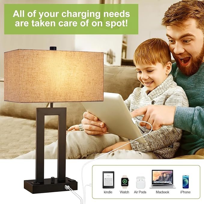 Modern Table Lamps Set of 2-22" Tall Bedside Lamps with USB-C/USB-A Charge Ports & Outlet, Stepless Dimmable Fabric Cream Shade Nightstand Lamps for Bedroom & Living Room - Bloomnest