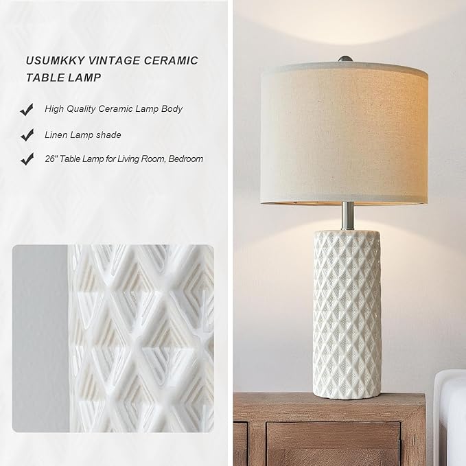 26" Tall Table Lamp for Living Room -Vintage White Lamps Set of 2 Modern Ceramic Lamps for Night Stands, Bedside Lamp for End Tables, Nightstand Lamps for Bedroom - Bloomnest
