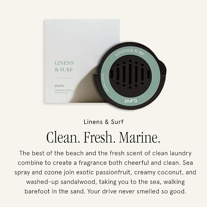 Pura Car Scent Refill - Fragrance for Pura Car Diffuser - Clean & Safe Luxury Diffuser Scent - Long-Lasting Fragrance for 30 Days of Aroma - Linens & Surf - Bloomnest