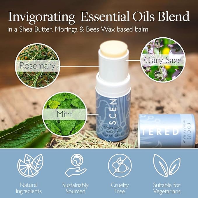 Scentered Aromatherapy Balm Stick for Focus & Concentration - Roll On Essential Oils Blend - 100% Natural: Rosemary, Mint, Clary Sage in Shea Butter - Aromatherapy Gifts for Women - Bloomnest