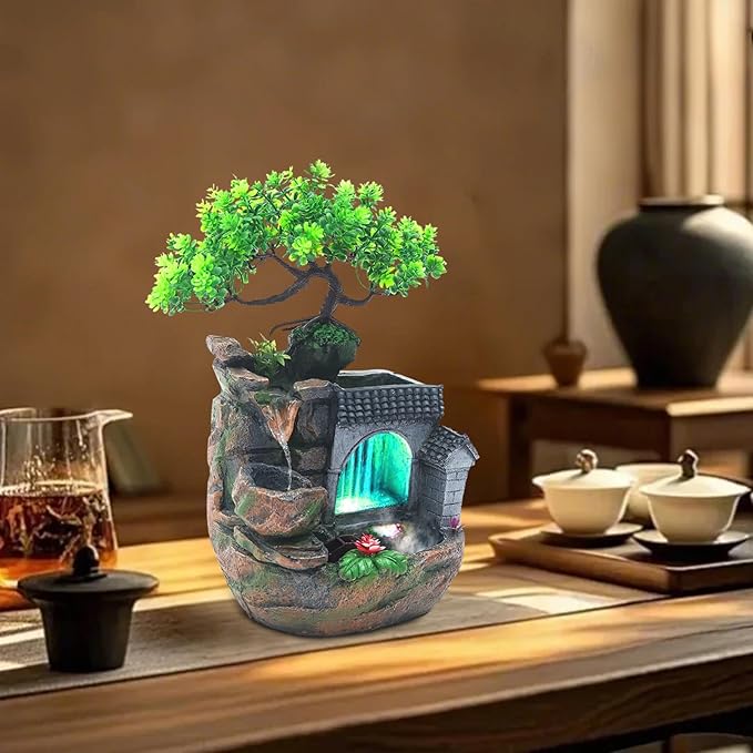 Tabletop Water Fountain with LED Lights, Indoor Relaxing Desktop Fountain with Water Pump, Modern Home Office Decor for Desk, Living Room, Bedroom, 11.81 Inch Resin Waterfall Feature - Bloomnest