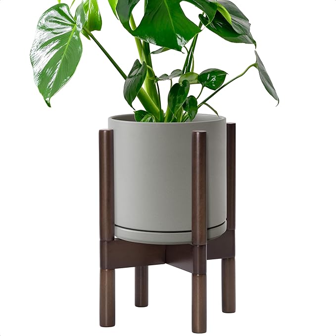 D'vine Dev Ceramic Planter with Walnut Color Stand - 8 Inch Modern Round Flower Pot with Wood Planter Holder, Grey, 55-B-Y-3 - Bloomnest