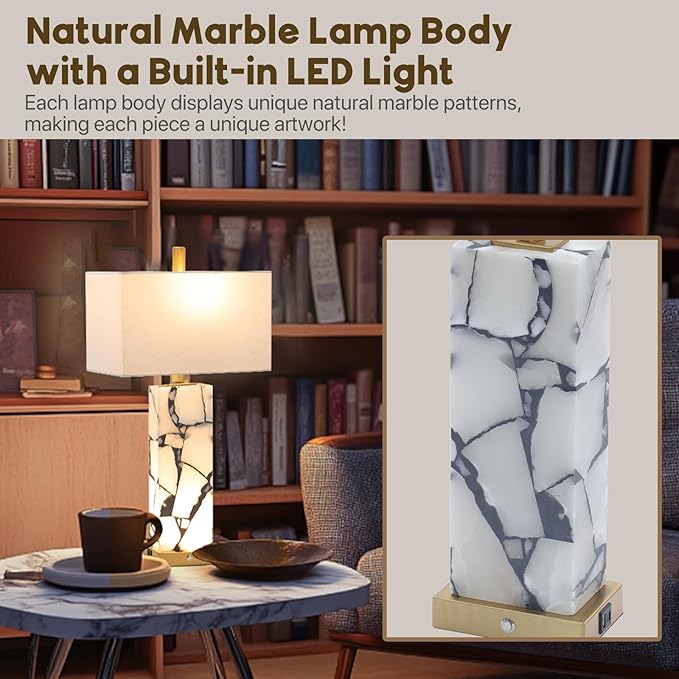 Natural Marble Table Lamps Set of 2: 3-Color Temperatures Alabaster Lamp with Nightlight, Bedside Lamps with USB Ports, Bedroom Lamps for Night Stands End Table Lamps for Living Room, Bulbs Included - Bloomnest