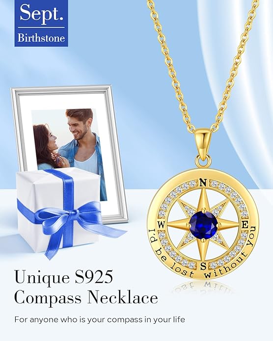 S925 Necklace Gift for Wife |Compass Jewelry |Women Anniversary |Sterling Silver |Girlfriend Birthday Gifts for Her Valentines |I'd be Lost without You |Jewel 18K Gold - Bloomnest