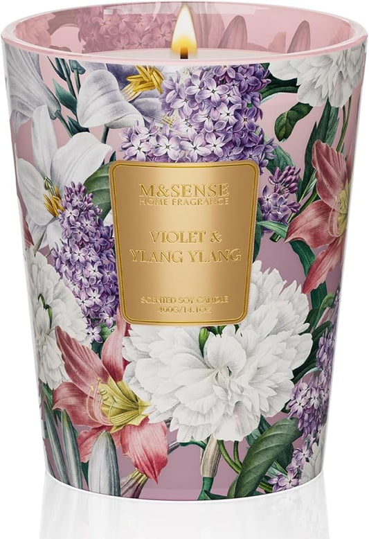 M&SENSE Violet YlangYlang Scented Candle, Soy Natural Wax Candles, 14.1oz 60H Burn Time Slow Burning, Aromatherapy Sleep Calm Home Fragrance for Women Men - Bloomnest