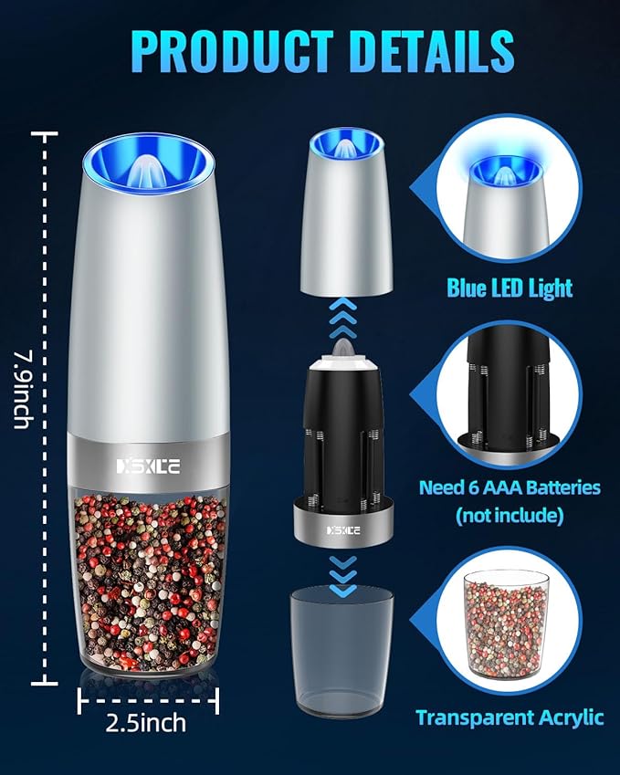 XinXu Gravity Electric Pepper and Salt Grinder Set, Adjustable Coarseness, Battery Powered with LED Light, One Hand Automatic Operation -Light Grey/2 Pack - Bloomnest