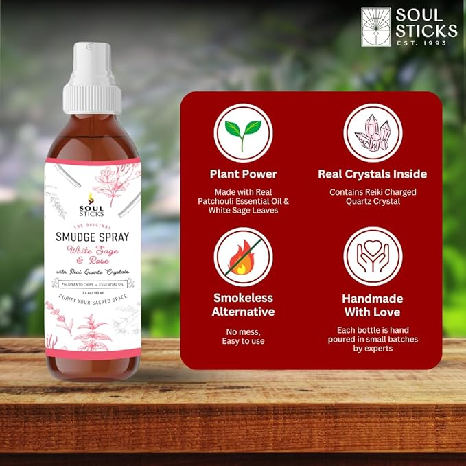 SOUL STICKS White Sage & Rose Smudge Spray For Cleansing and Negative Energy | 3.5oz Sage Smudge Spray with Real Quartz Crystals | Car Air Freshner Fragrance Sage Room Spray for Spiritual Cleansing SoulSticks