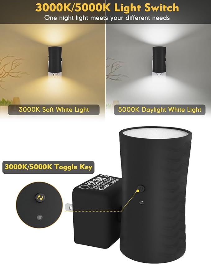 Night Lights Plug into Wall, 360° Rotatable Plug in Night Light with Light Sensor, 3000K/5000K Light Switch, 0-100LM Adjustable Brightness, Dimmable Night Light for Hallway Bedroom Stairway, 2 Pack - Bloomnest