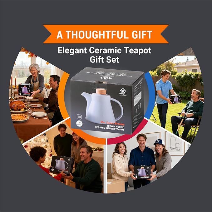 TETWIN Ceramic Teapot with Infuser, 25oz White Tea Pot with 8 Loose Leaf Tea Sampler Gift Set – Porcelain Teapot for Loose Tea, Elegant Nordic Design, Dishwasher Safe