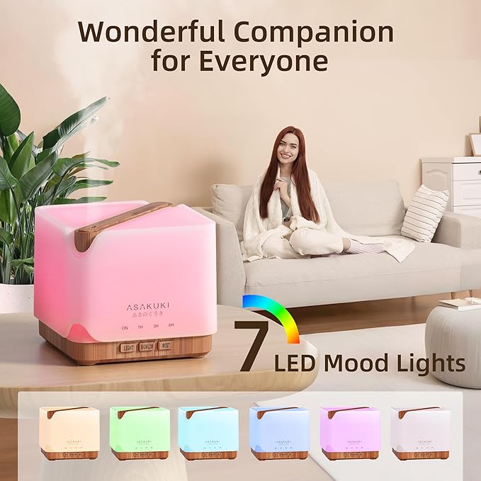 ASAKUKI 700 ml Premium Essential Oil Diffuser, 5 in 1 Ultrasonic Aromatherapy Fragrant Oil Vaporizer Humidifier, Timer and Auto-Off Safety Switch, 7 LED Light Colors - Bloomnest