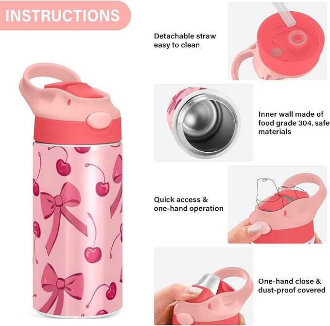 Bow Cherry Pink Kids Insulated Water Bottle, Toddlers Tumbler Travel Cup with Straw & Handle Stainless Steel Cup for Travel School Girls 12 oz - Bloomnest