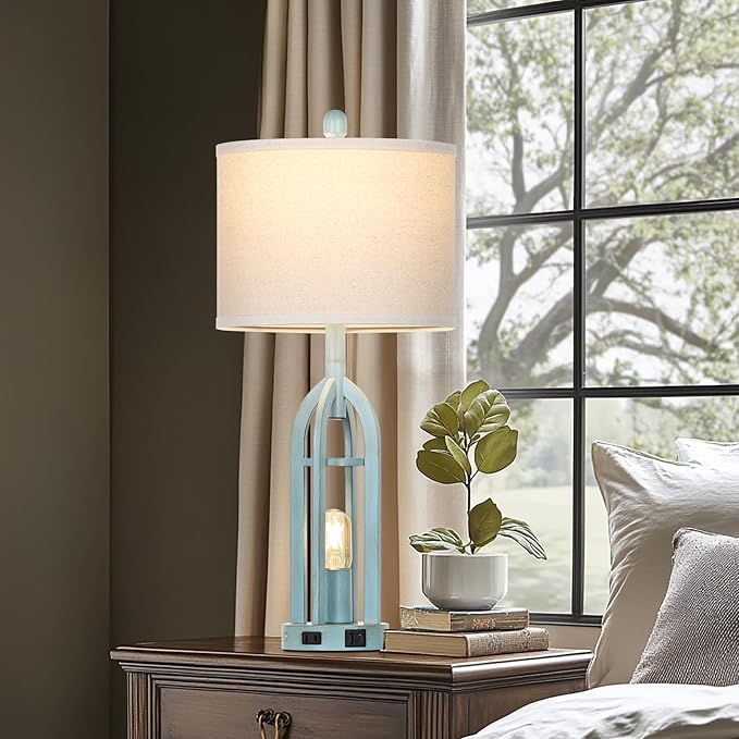 27" Industrial Farmhouse Table Lamp,Vintage Rustic Blue Beside Lamp with USB A+C Charging Ports & AC Outlet, Metal Nightstand Lamp with LED Night Light for Bedrooms (2 LED Bulbs Included) - Bloomnest