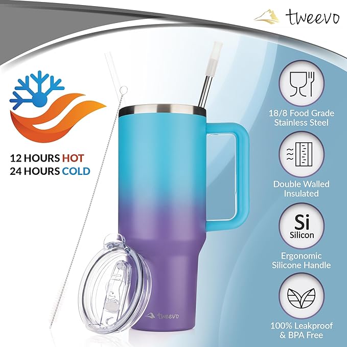 40 oz Tumbler With Handle and Straw Made of Stainless Steel - Double Wall Vacuum Insulated Tumbler With Lid - Sweat Proof Easy Grip, BPA-Free, Dishwasher Safe Tumbler (Amethyst) - Bloomnest