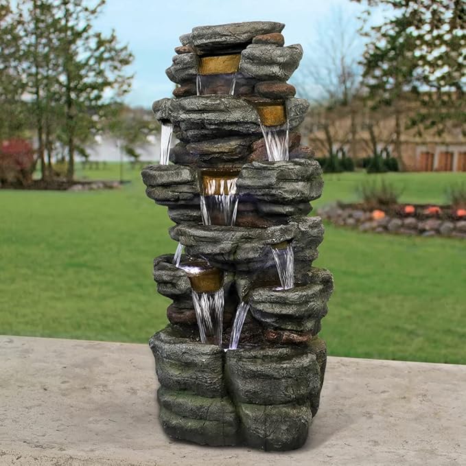 Naturefalls 47.2inches Outdoor Rockery Water Fountain with Led Lights - Poly-Resin Rock Cascading Water Fountains - Relaxation Water Features for Patio, Yard, Deck, Garden Decor - Bloomnest