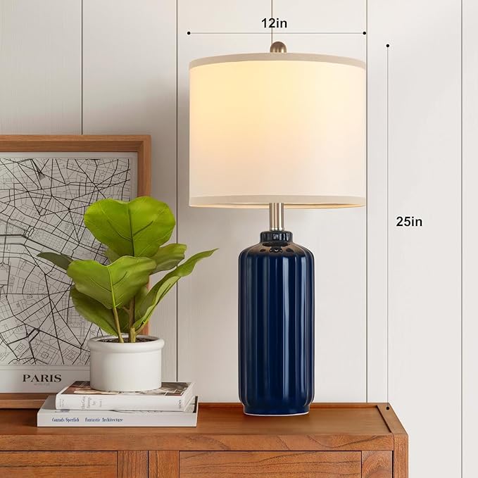 Lamp for Living Room Bedroom Lamps Farmhouse Table Lamps Set of 2 Vertical Stripe Ceramic Table Lamp,Linen Shade with Bulb, 25 in High,Navy Blue - Bloomnest