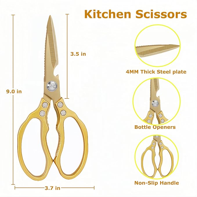 AWinjoy Japanese Gold Kitchen Scissors, Heavy Duty Stainless Steel, Multipurpose Cooking Shears, Dishwasher Safe - Bloomnest