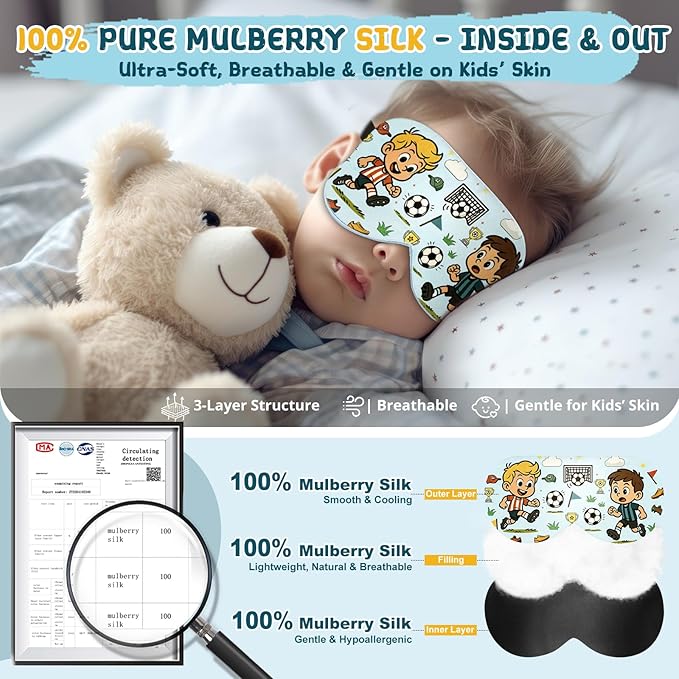 Kids Sleep Mask – 100% Mulberry Silk Eye Mask with Adjustable Strap, Soft Light Blocking Sleeping Mask for Children, Cute Printed Eye Cover for Boys Girls Ages 5-15 (Soccer Style) - Bloomnest