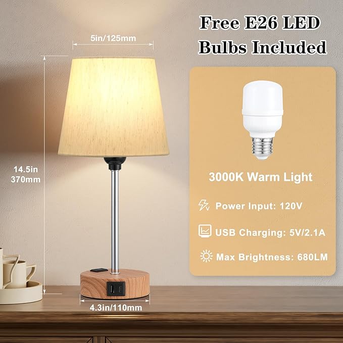 Acaxin Bedside Lamps for bedrooms Set of 2 - Nightstand Bedroom Lamp with USB C Port and AC Outlet Charging, 3 Way Dimmable Touch Control Small Bed Side Table Lamp, Nightstand Light for Kids - Bloomnest