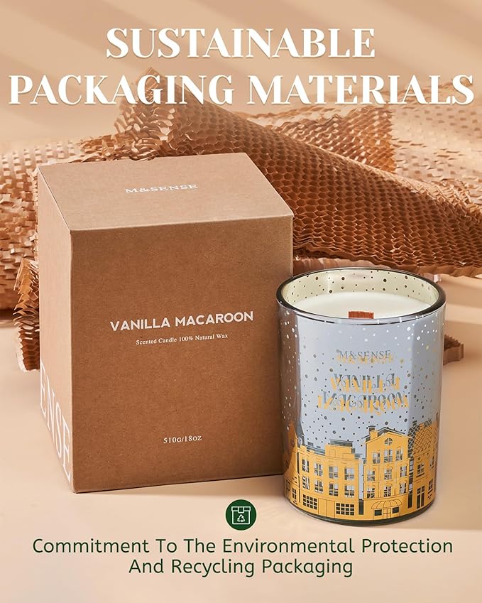 M&SENSE Vanilla Macaroon Wooden Wick Christmas Candle, Large 18oz 100 Hours Long Lasting Burn Time, Natural Soy Wax Non Toxic, Perfect Jar Candle Gifts for Holiday Birthday Celebration - Bloomnest