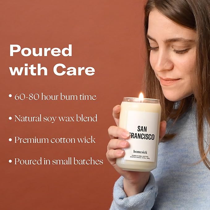 Homesick Scented Candles for Home (San Francisco) - 13.75 oz Long-Lasting Soy Wax Jar Candle for Women & Men for All Occasions, 60-80 Hours Burn Time - Notes of Coffee & Chocolate - Bloomnest