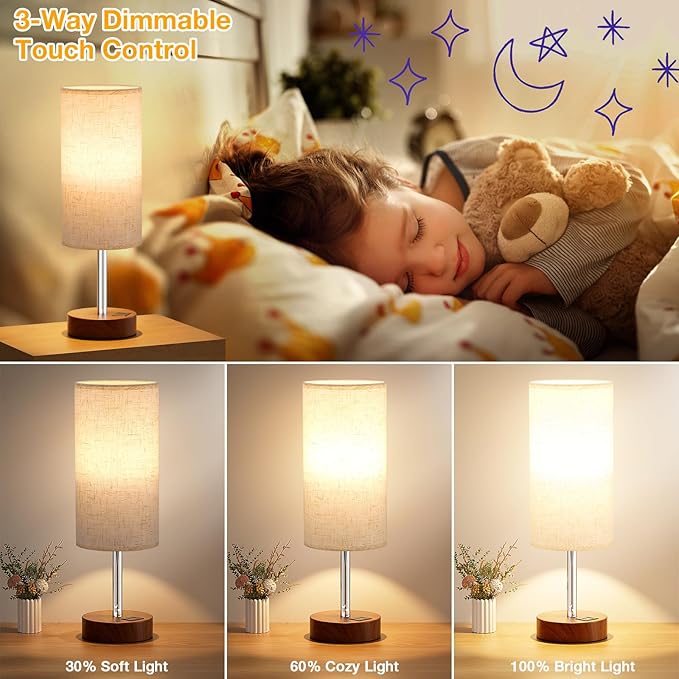 Dicoool Touch Bedside Table Lamp with USB - 3 Way Dimmable Redwood Lamps for Bedroom Nightstand, Desk Lamp with Charging Station for Dorm, Living Room, Office, Kids Room, Nursery - Bloomnest