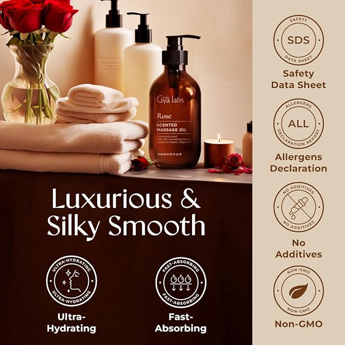 Gya Labs Rose Massage Oil - 6.76 Fl Oz - Non-Greasy Formula for Sore Muscles, Deep Relaxation & All Skin Types - Suitable for Men & Women - Bloomnest