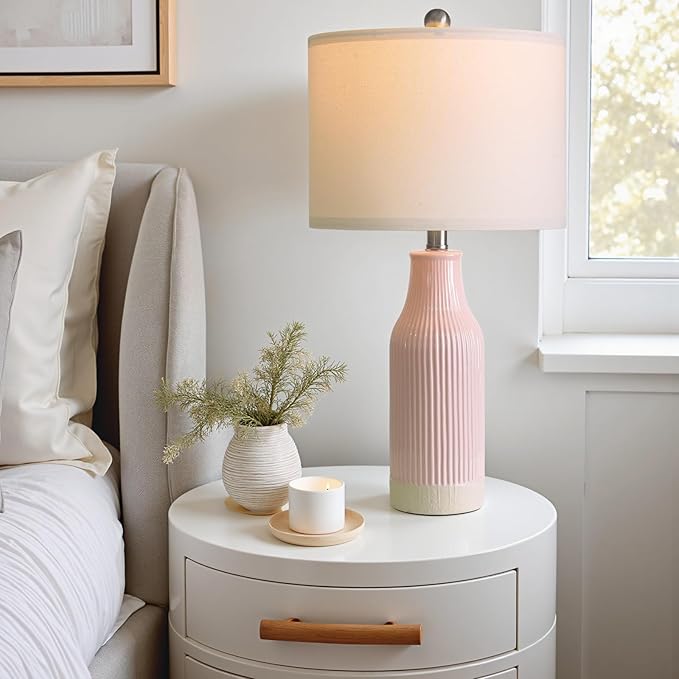 23.75inch Pink Modern Ceramic Bedside Lamp Set of 2 for Bedroom Decor Farmhouse Table Lamp for Living Room Office Dorm - Bloomnest