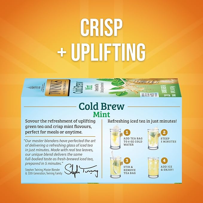 Twinings Mint Green Cold Brew Iced Tea Bags, 20 Count (Pack of 6), Unsweetened Flavoured Green Tea, Caffeinated, 120 Teabags - Bloomnest