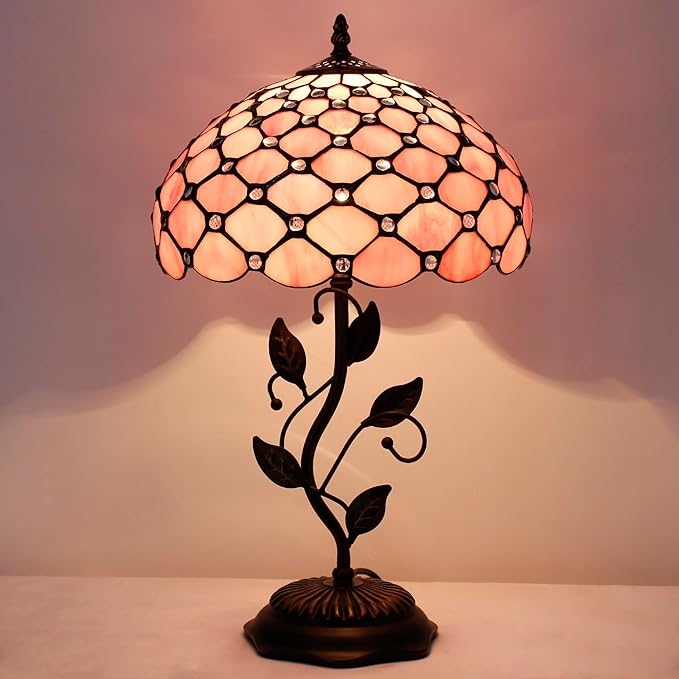 Tiffany Lamp Table Lamp Stained Glass Desk Lamps 12X12X19 Inches Reading Light Decor Bedroom Living Room (Pink Bead Style) - Bloomnest