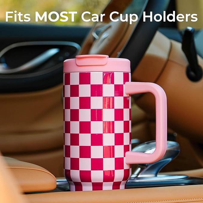 ProTour 100% Leakproof 40 oz Tumbler with Handle & 4-in-1 SipSwig Lid | Built-In Flip Straw & External Stainless Steel Straw | Insulated Stainless Steel Cup | BPA-Free | Pink Checkered - Bloomnest