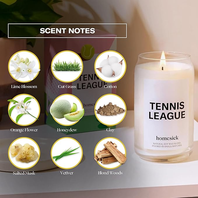 Homesick Scented Candles for Home (Tennis League) - 13.75 oz Long-Lasting Soy Wax Blend Jar Candle Gifts for Women & Men, 60-80 Hours Burn Time - Notes of Lime Blossom, Orange Flower, Salted Musk - Bloomnest